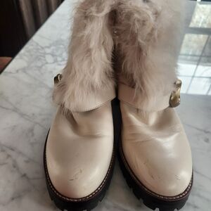 Coach Cream Leather Fur-Trim Ankle Boots with Gold Hardware